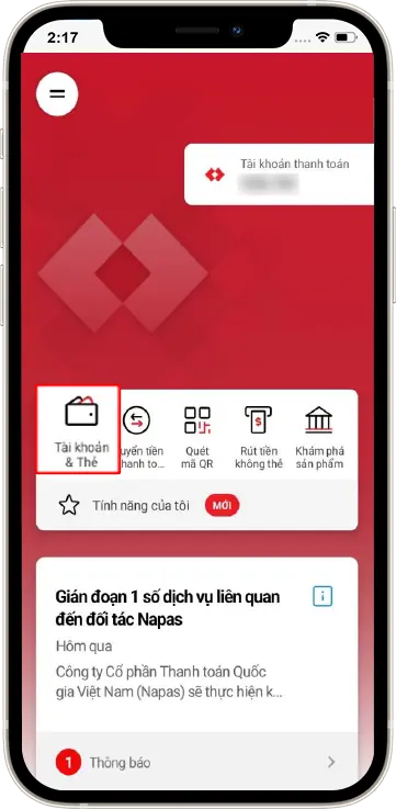 Bước 1: Tại giao diện chính » Ấn Tài khoản & Thẻ